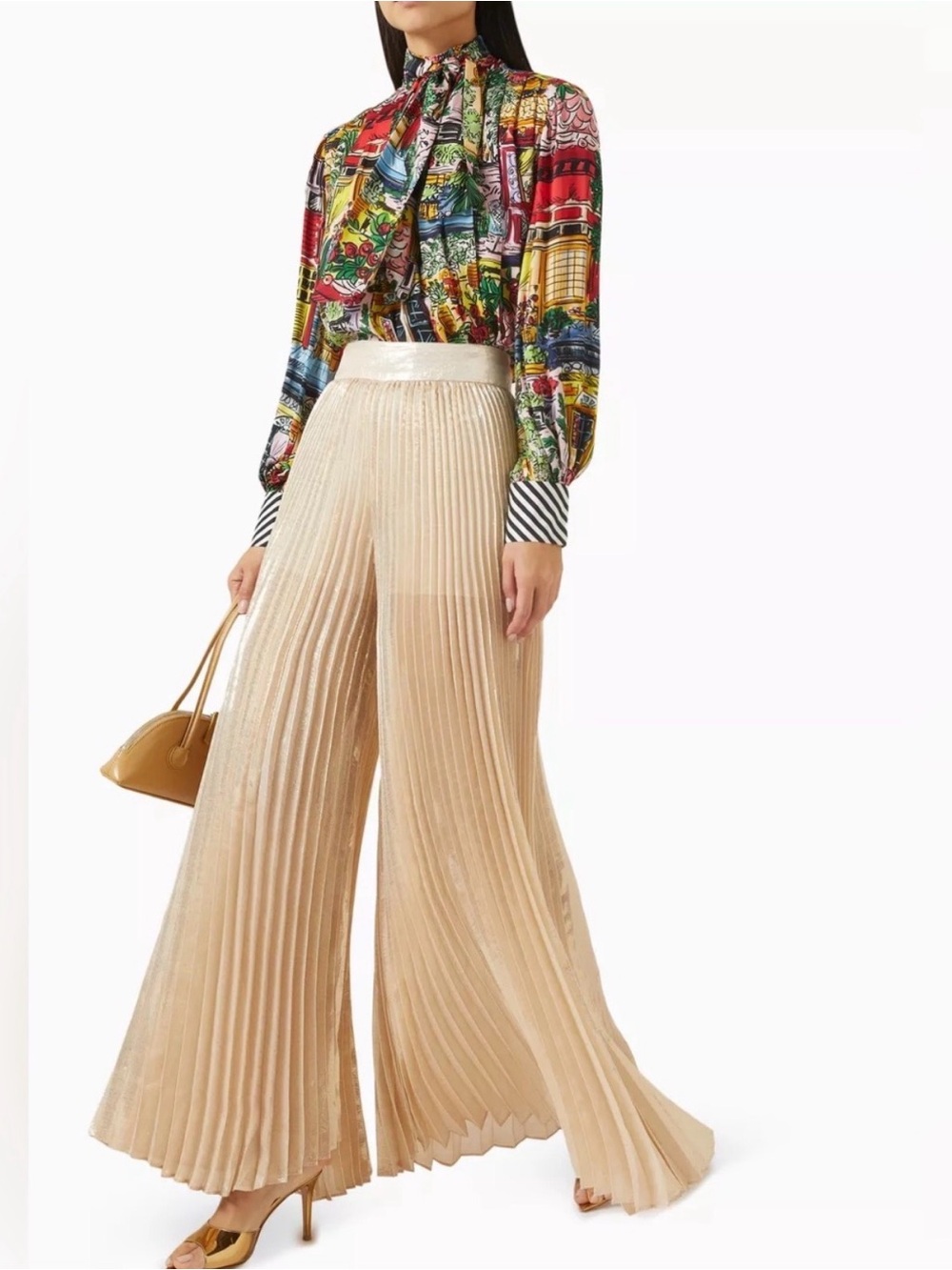 Alice + Olivia Metallic Pleated Wide-Leg Pants in Cream